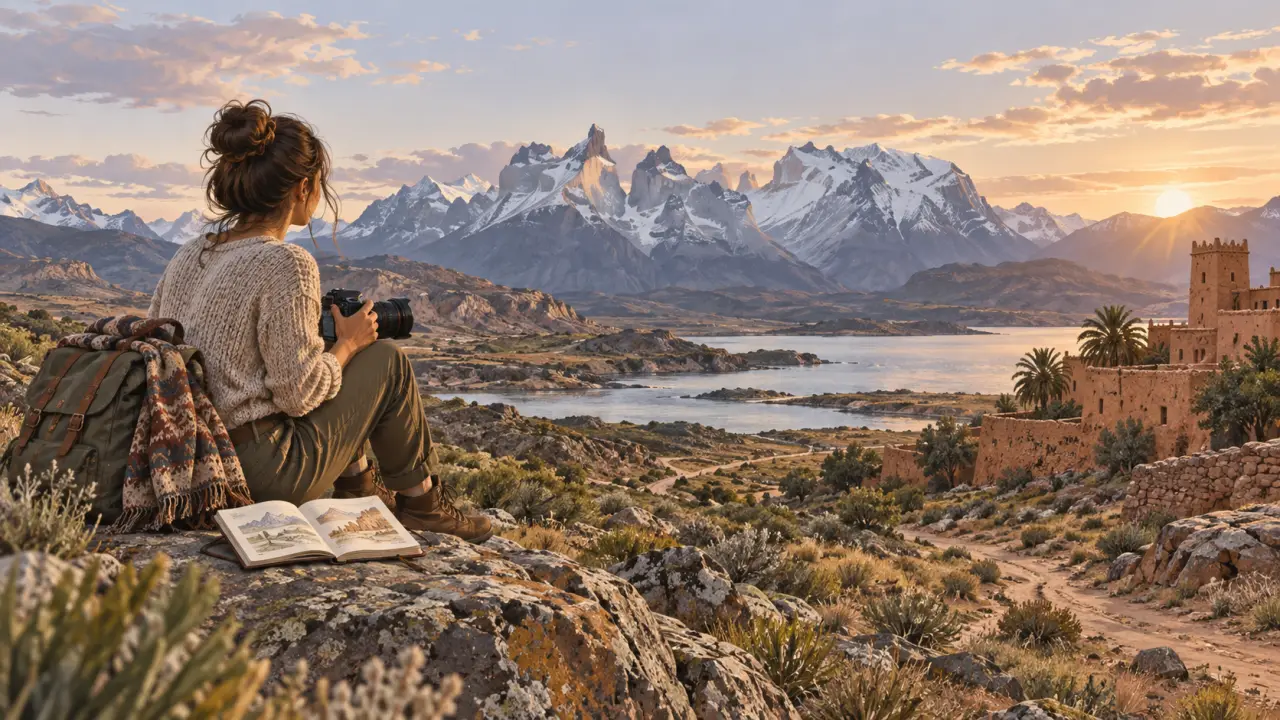 Carnet de voyage et appareil photo posés sur une table, dans une ambiance chaleureuse