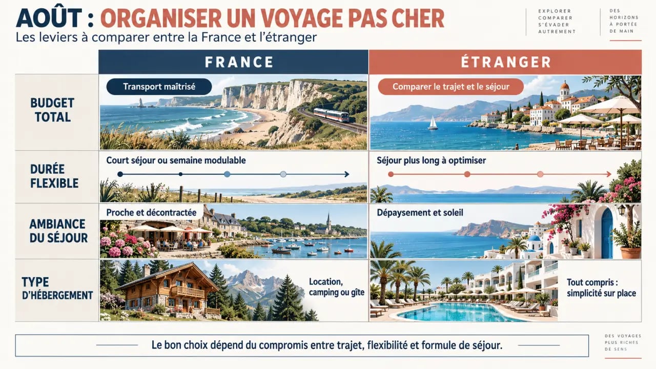 Infographie pour choisir un voyage pas cher en août entre France et étranger