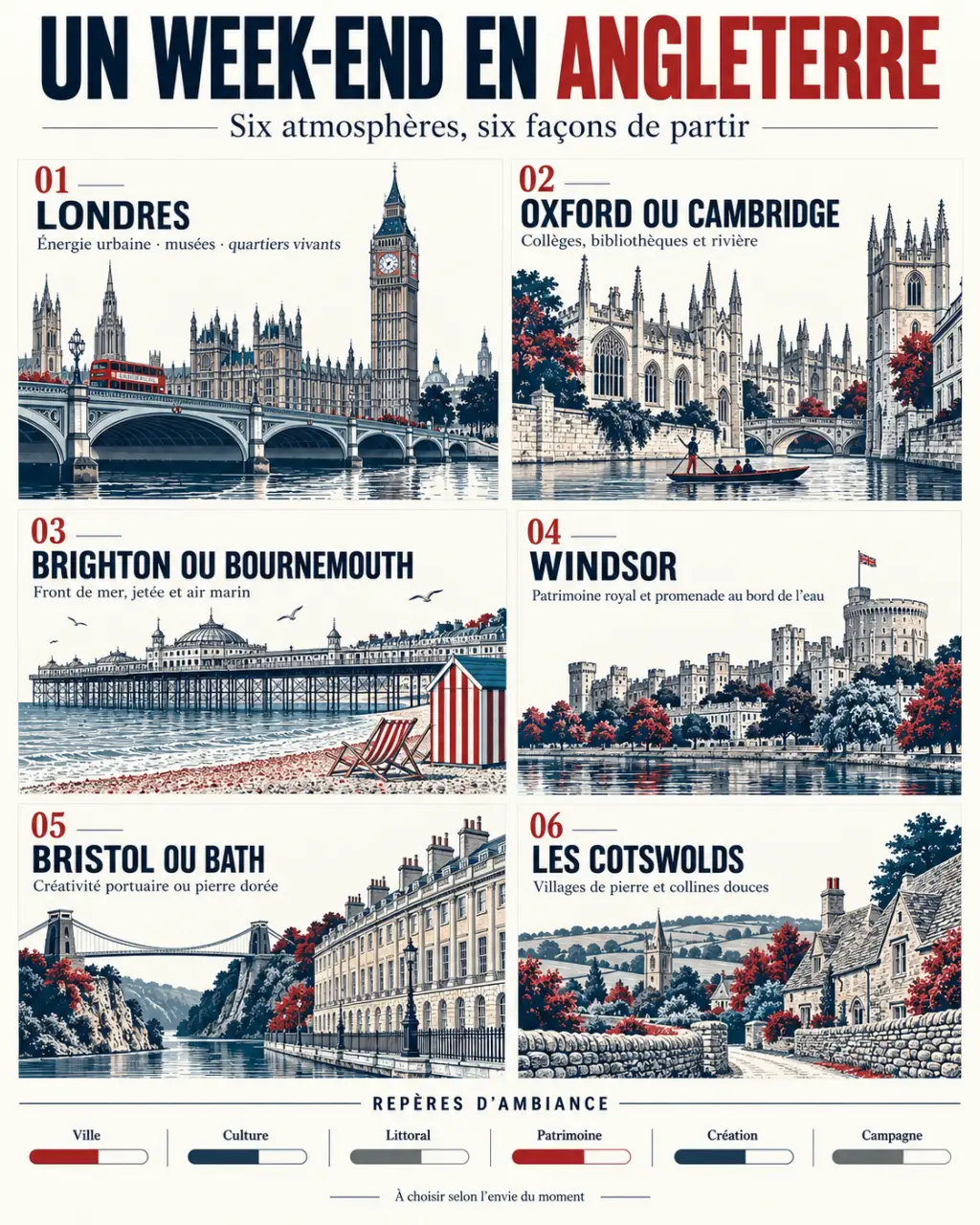 Infographie comparative pour choisir une destination de week-end en Angleterre
