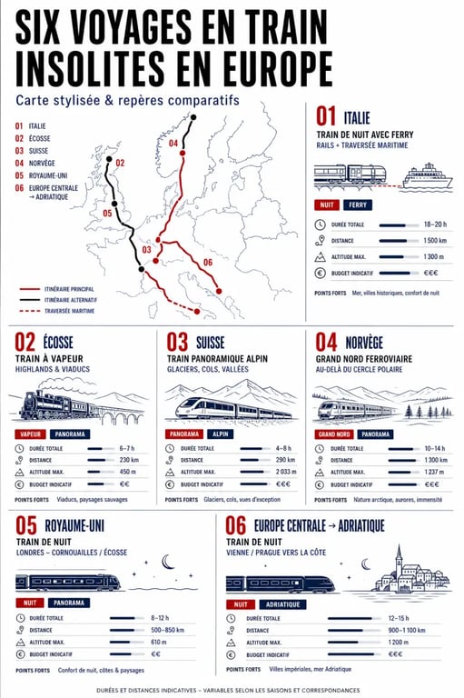 Voyage en train insolite Europe : infographie éditoriale des trajets les plus singuliers à comparer rapidement