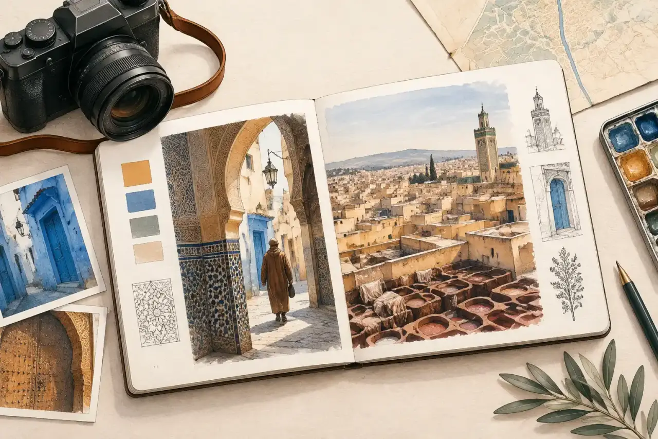 Double page de carnet de voyage consacrée à Fès, entre photographie et croquis