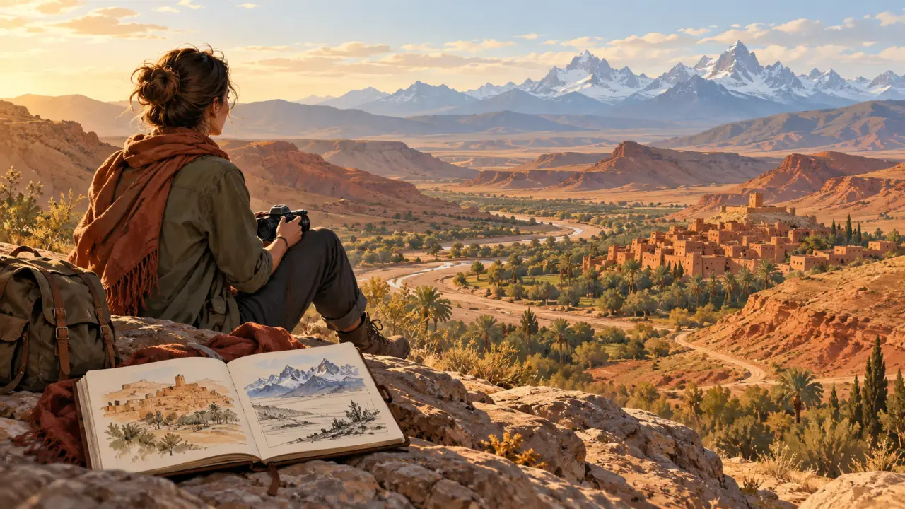 Carnet de voyage ouvert avec photographies et notes dessinées