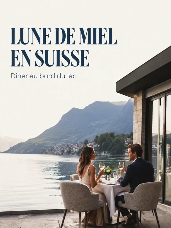 Voyage de noce en suisse au bord d’un lac avec dîner romantique et vue sur les montagnes