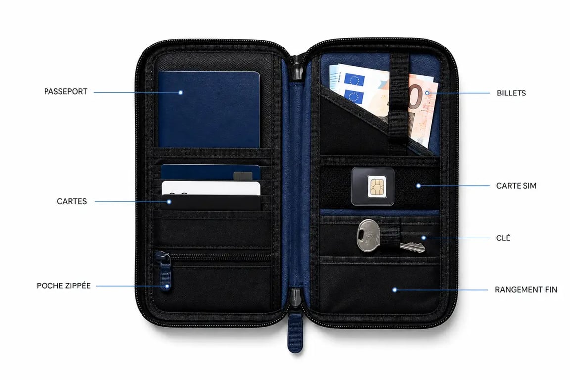 Organisation intérieure d'une pochette pour voyage avec passeport, cartes et billets