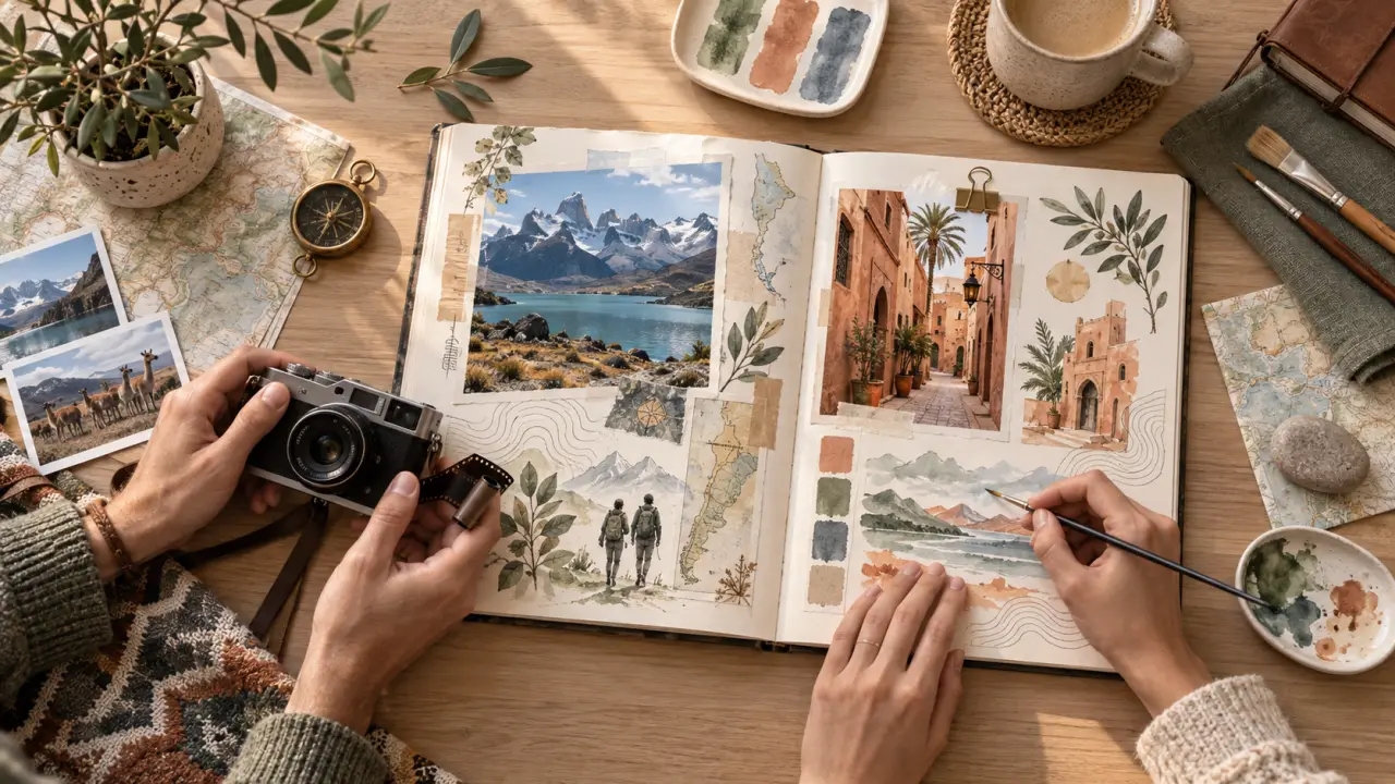 Carnet de voyage ouvert mêlant photographies et illustrations réalisées à deux