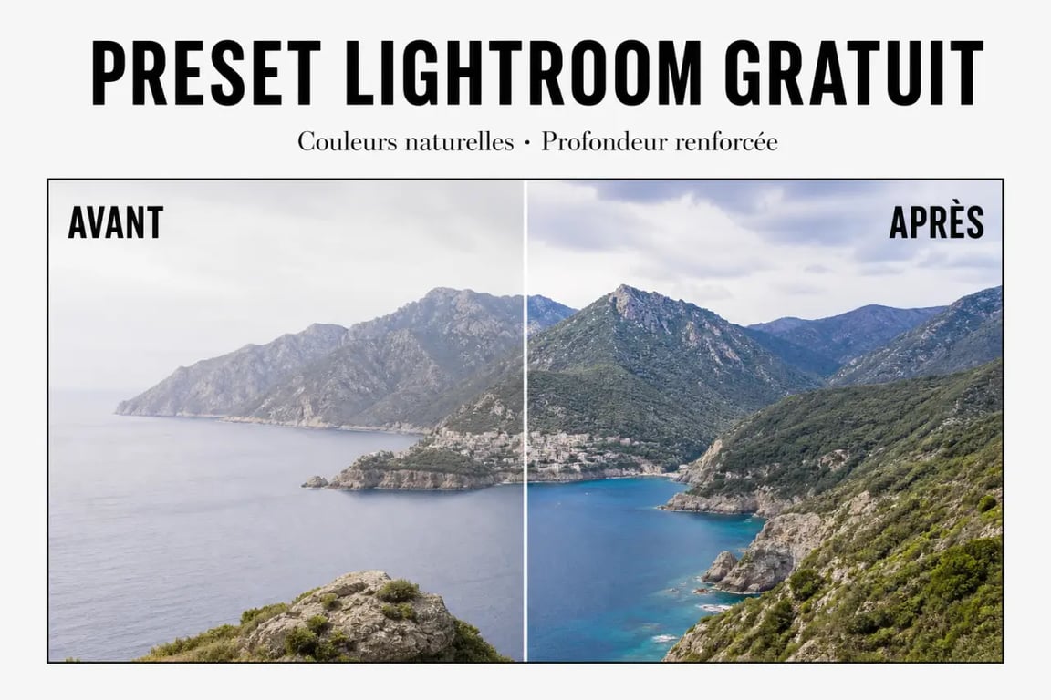 Preset Lightroom gratuit avant et après sur paysage avec couleurs naturelles