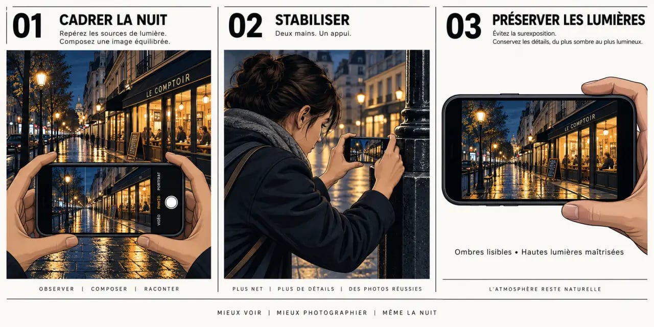 Illustration des gestes pour photographier en basse lumière au smartphone dans une rue nocturne