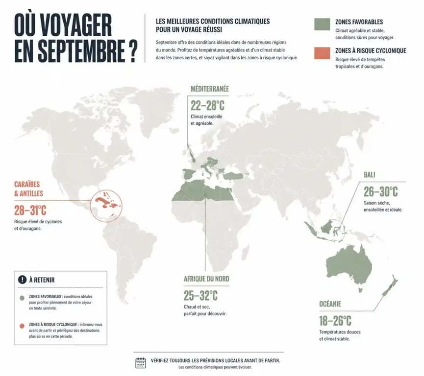 Carte des meilleures destination septembre par zone climatique et risque cyclonique