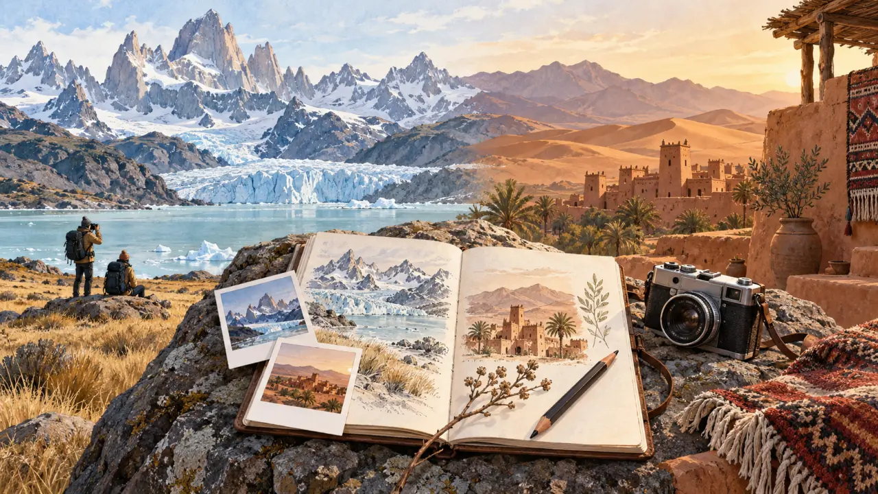 Carnet de voyage mêlant une photographie de Patagonie et des couleurs du Maroc
