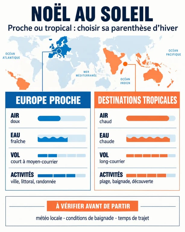 Infographie comparative pour choisir une destination de Noël au soleil selon la température et la durée du vol