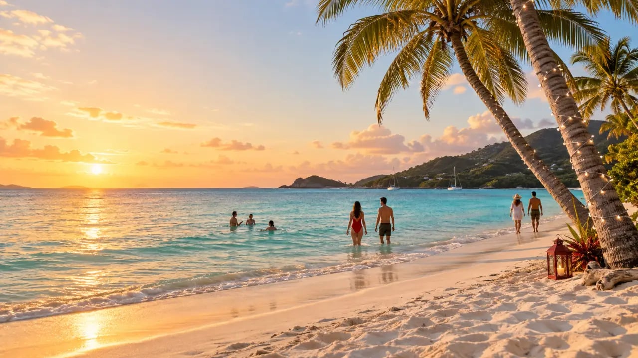 Noël au soleil sur une plage tropicale avec mer chaude et décorations de fête