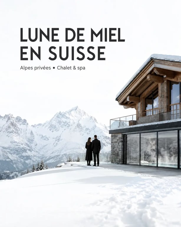 Voyage de noce en suisse dans un décor alpin romantique avec chalet et sommets enneigés