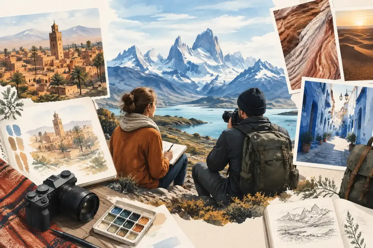 Carnet de voyage ouvert entouré d'un appareil photo et d'illustrations
