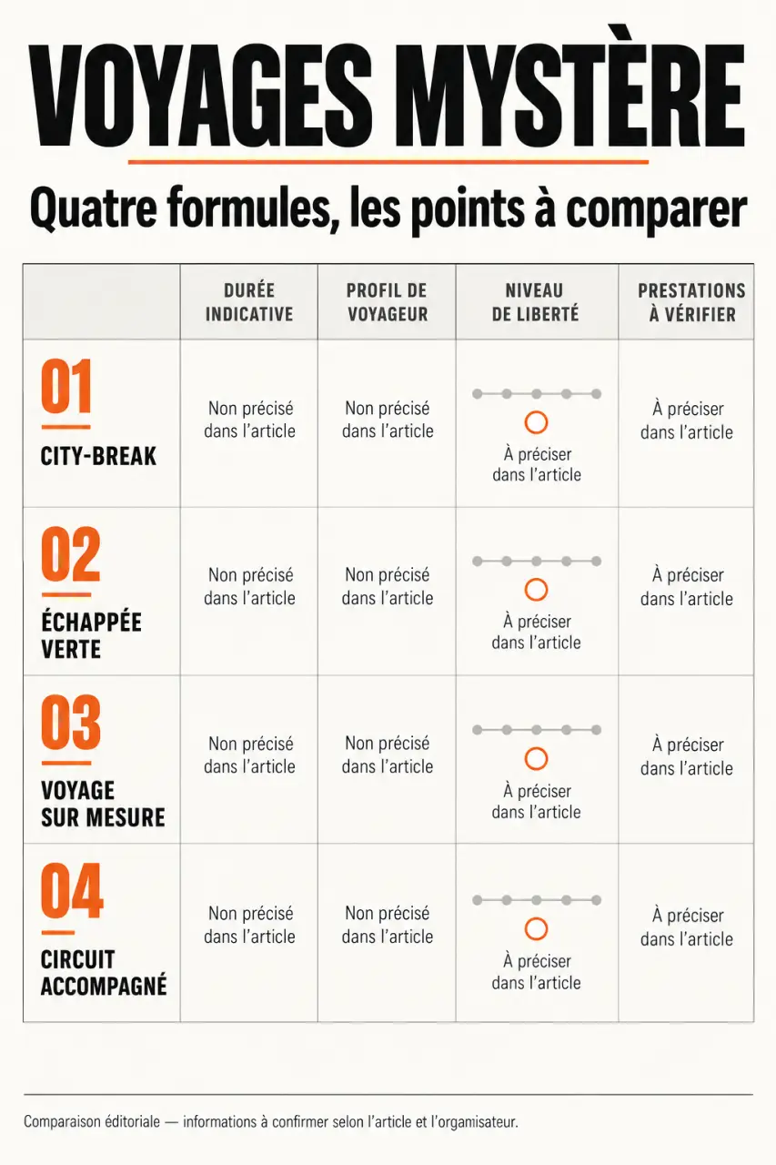 Infographie des formules de voyage mystère à comparer