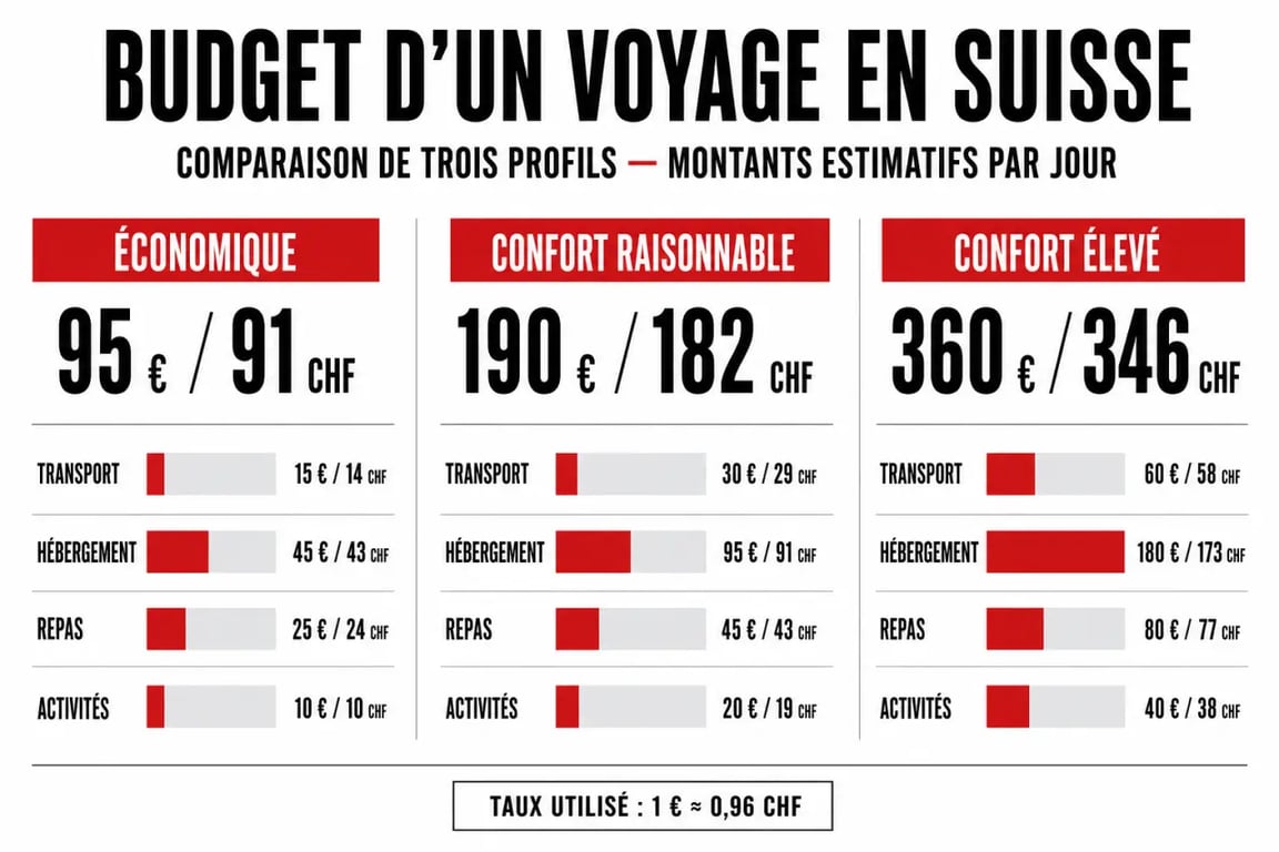 Combien coute un voyage en suisse : budget par jour, transport, hébergement, repas et activités en euros et CHF