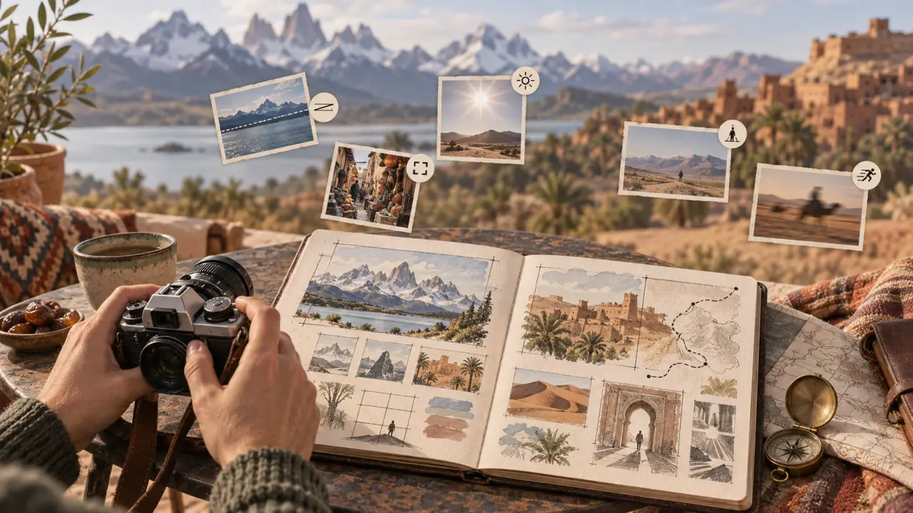 Carnet de voyage ouvert avec des photographies, des croquis et un appareil photo