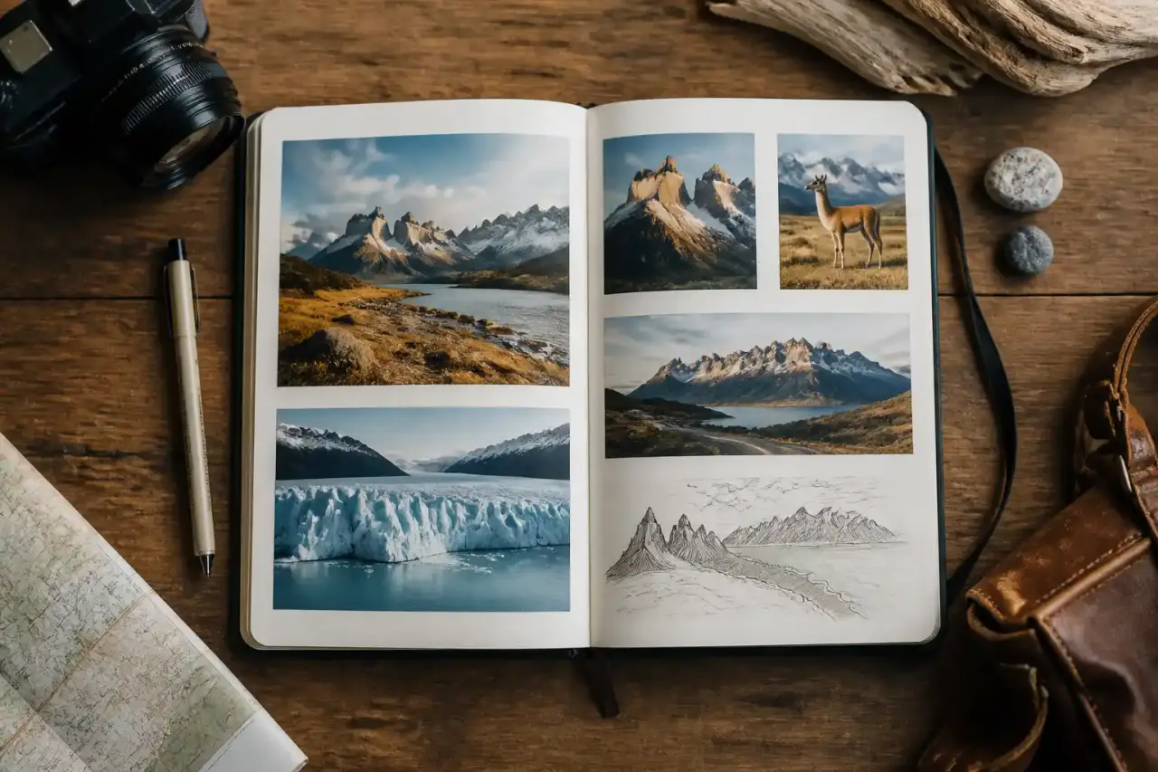 Carnet de voyage ouvert, photos scotchées, notes manuscrites et appareil photo vintage