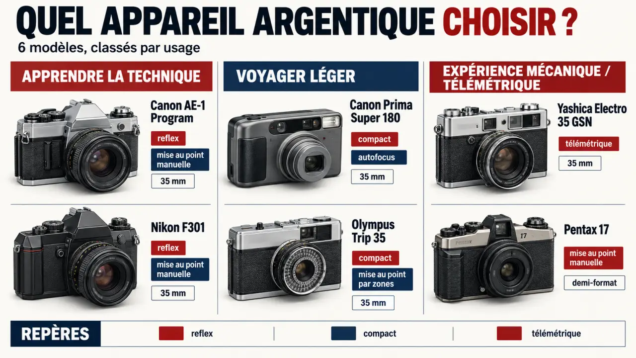 Infographie comparative pour choisir le meilleur appareil photo argentique selon son usage