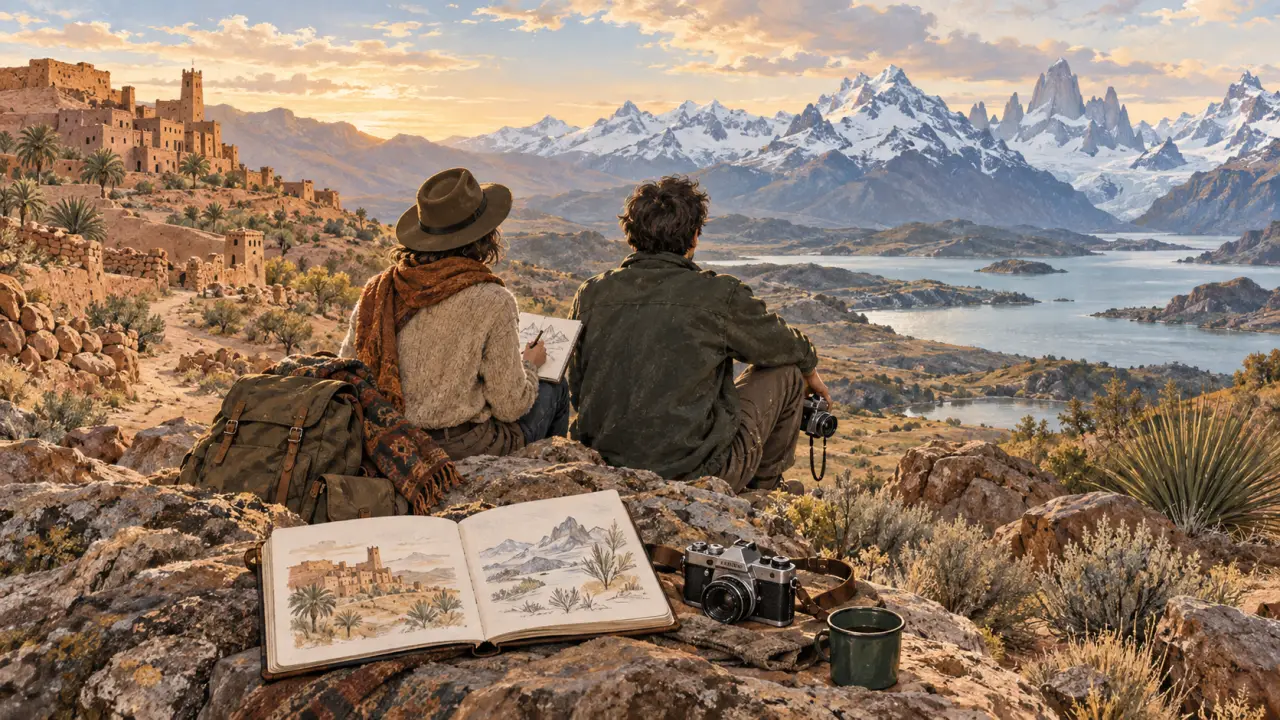 Carnet de voyage ouvert avec photographies, croquis et notes manuscrites