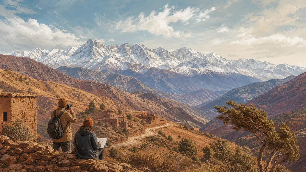 Carnet de voyage ouvert sur une table rustique, photos et notes sur l’Atlas