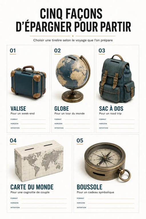 Tirelire pour voyage en forme de valise, globe, sac à dos et carte du monde
