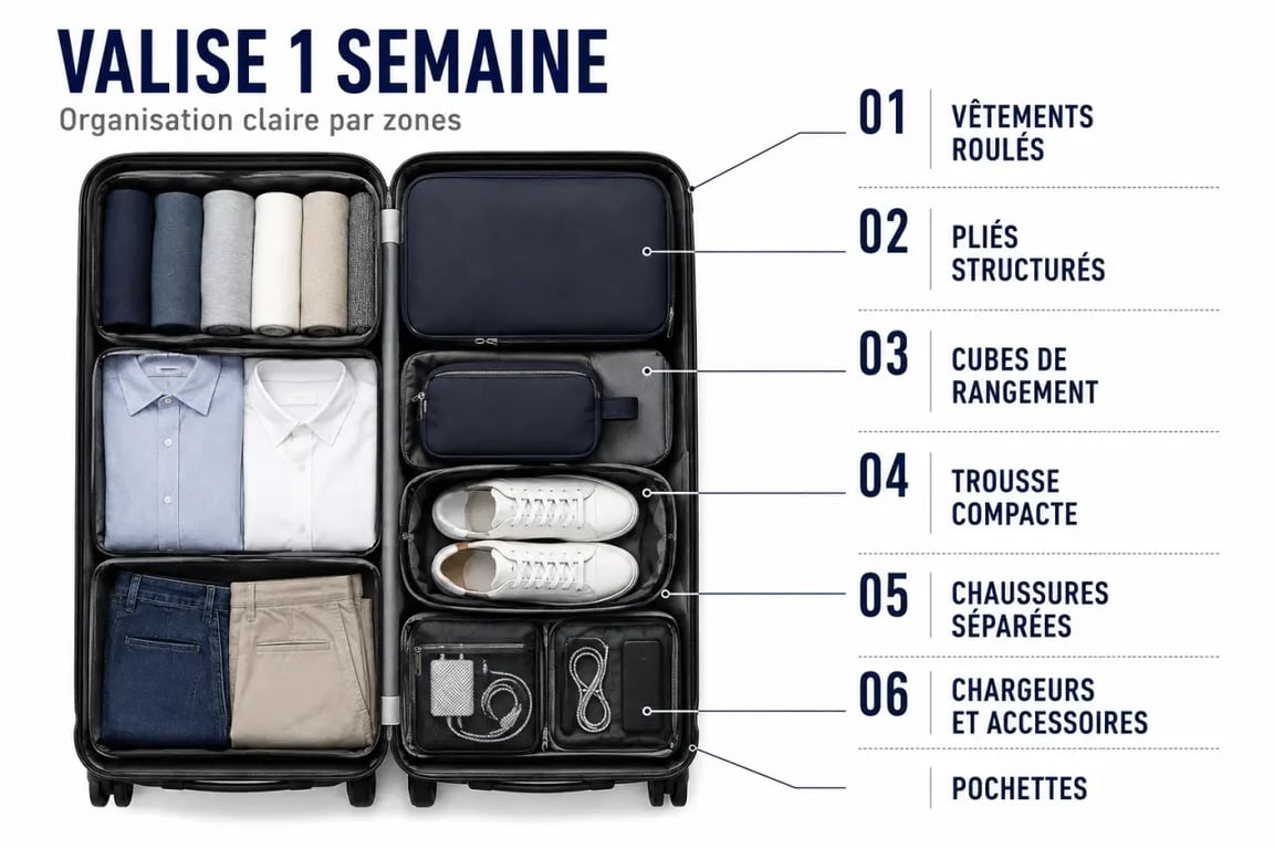 quoi mettre dans sa valise pour 1 semaine : organisation d’une valise avec vêtements, trousse de toilette et accessoires