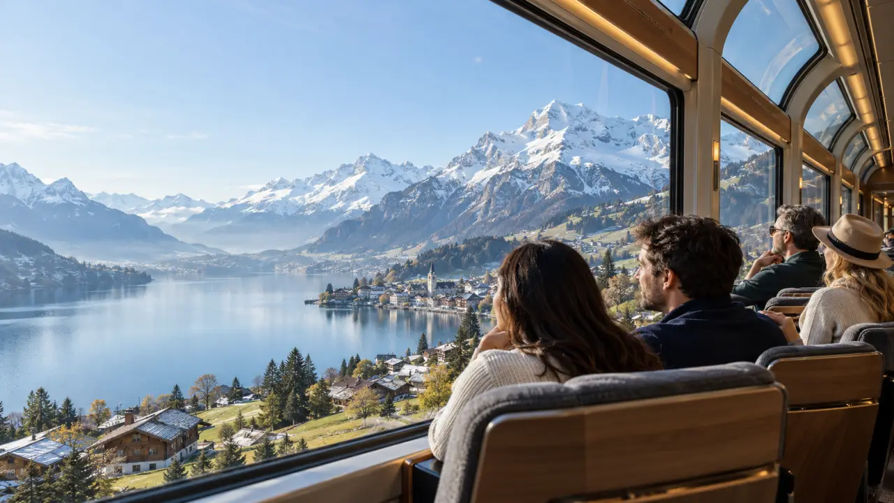 Voyage en groupe suisse à bord d’un train panoramique entre lacs et montagnes