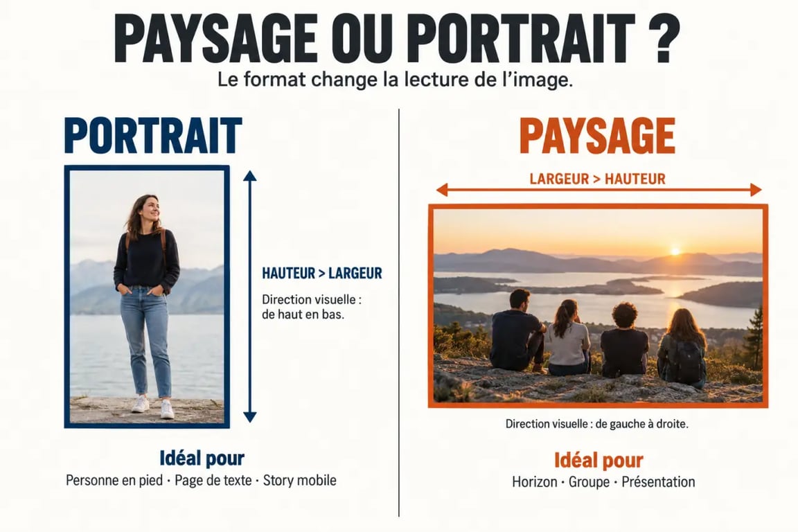 Infographie paysage ou portrait montrant la différence entre format vertical et format horizontal