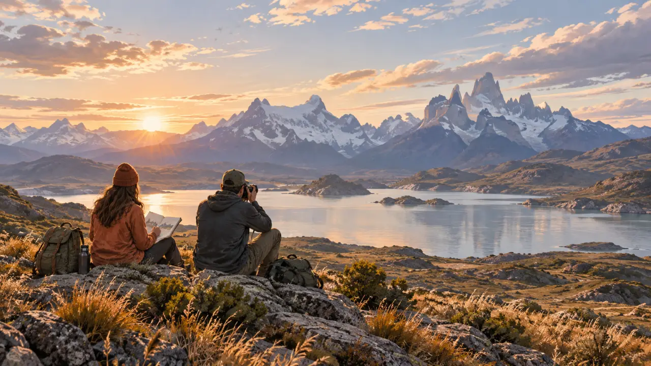 Carnet de voyage et appareil photo posés près d'un paysage lumineux