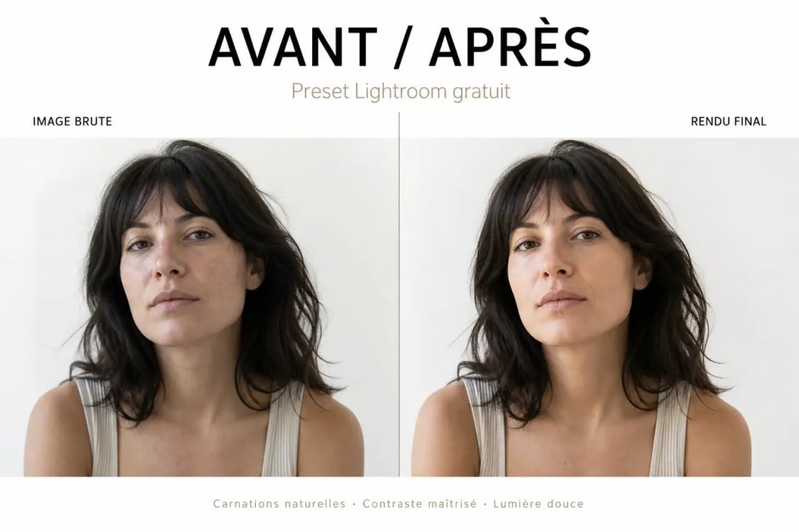 Preset Lightroom gratuit avant et après sur portrait avec carnations naturelles