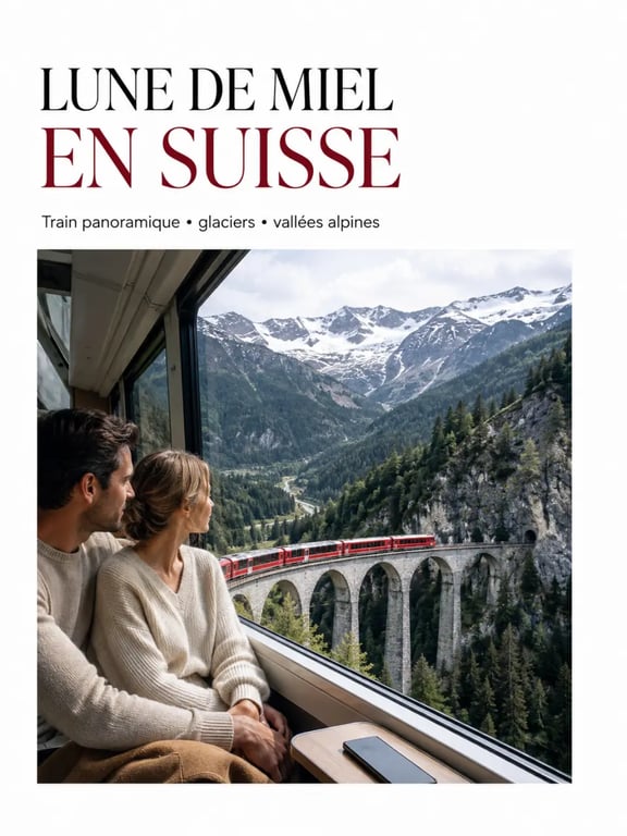 Voyage de noce en suisse à bord d’un train panoramique dans les Alpes