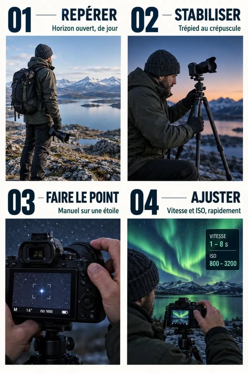 Étapes pour photographier une aurore boréale avec trépied et mise au point manuelle