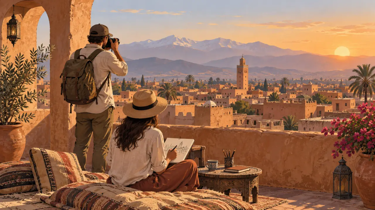 Carnet de voyage, appareil photo et scènes marocaines baignées de lumière