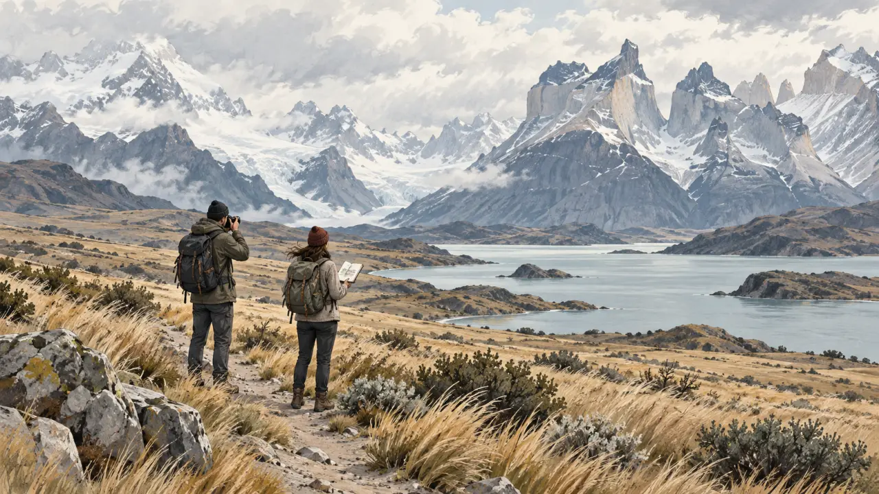 Paysage de Patagonie, montagnes et lumière froide dans un carnet de voyage