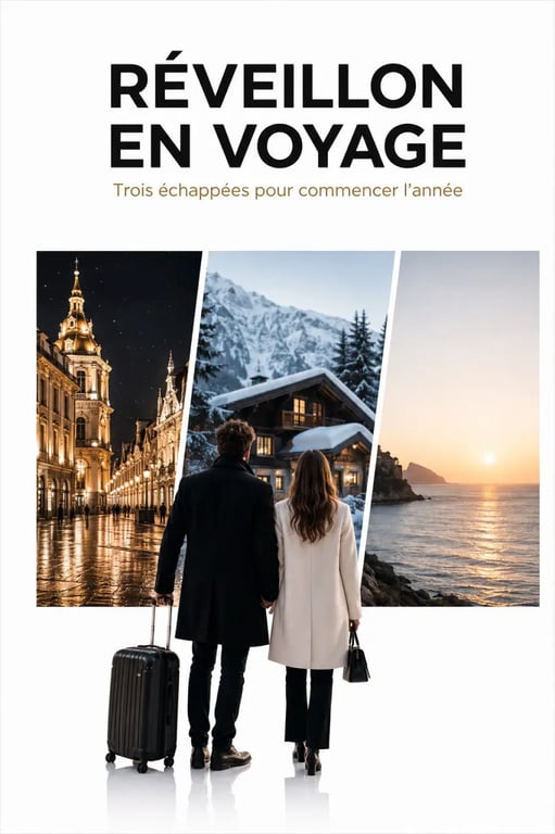 Ou passer le nouvel an en couple : illustration éditoriale de destinations romantiques entre ville lumineuse, montagne et bord de mer