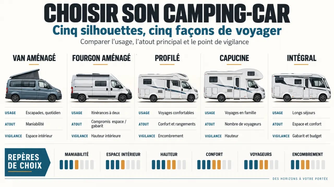 Voyage en camping-car : comparaison visuelle des types de véhicules et de leurs usages