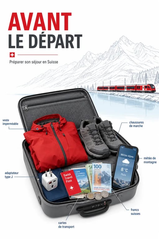 Organiser un voyage en Suisse : valise, adaptateur, monnaie CHF et équipement météo avant le départ