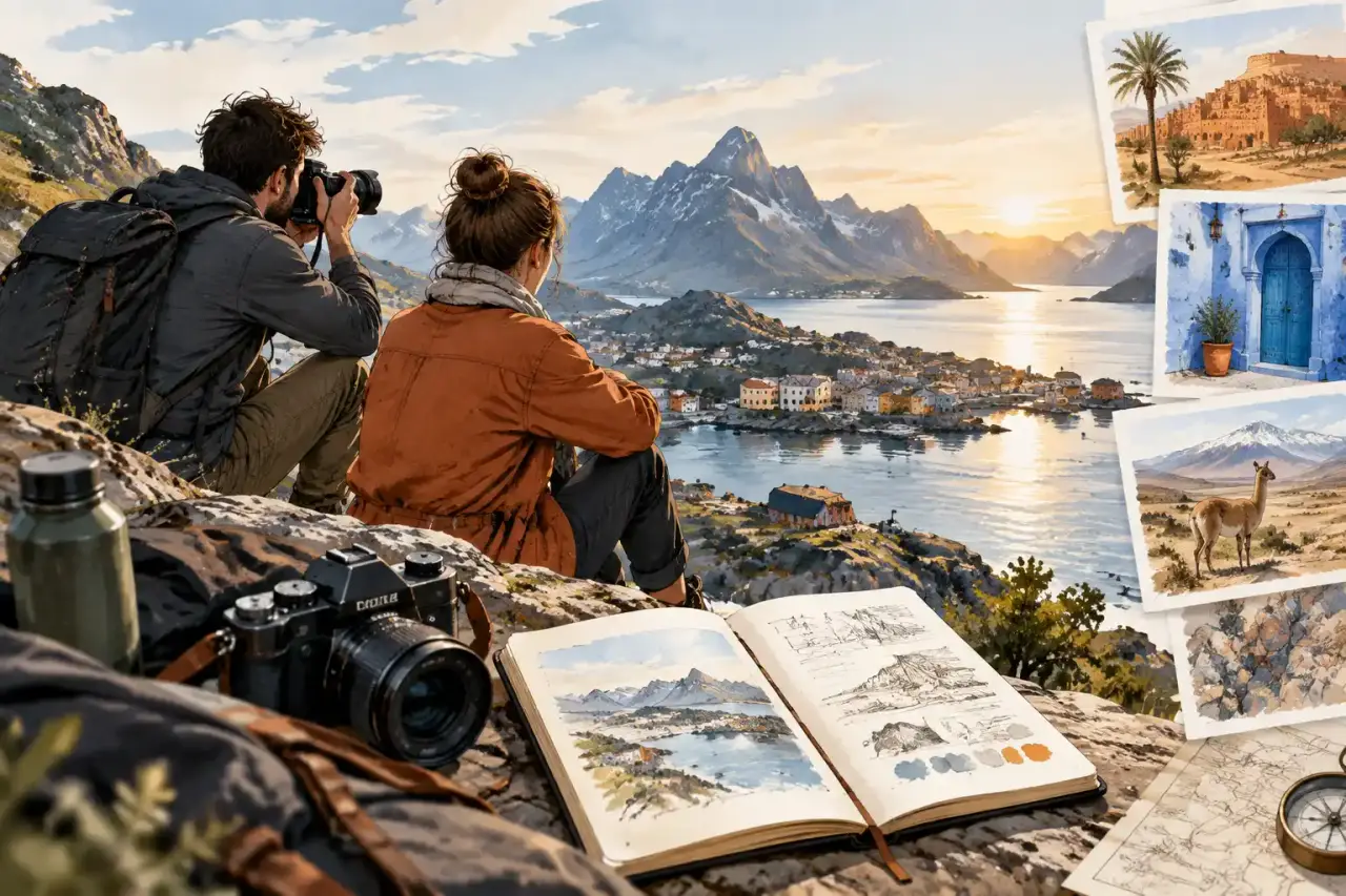 Carnet de voyage, appareil photo et images de paysages sur une table