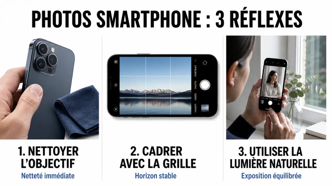 Réussir ses photos au smartphone : objectif propre, règle des tiers et lumière naturelle en comparaison visuelle