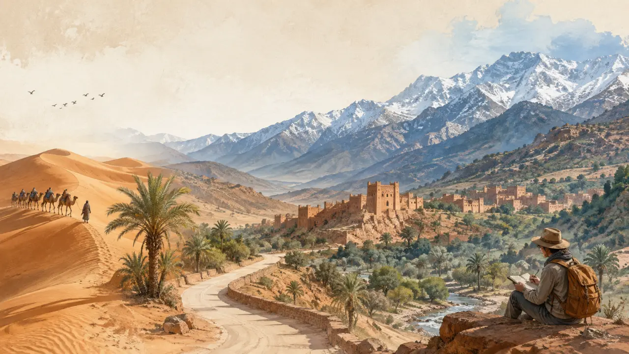 Carnet de voyage ouvert sur une table, photos scotchées et notes manuscrites, ambiance chaleureuse de road trip au Maroc