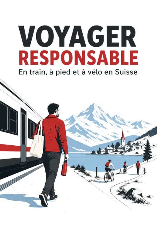 Voyage responsable suisse : illustration éditoriale des gestes clés pour se déplacer en train, réduire ses déchets et acheter local en Suisse