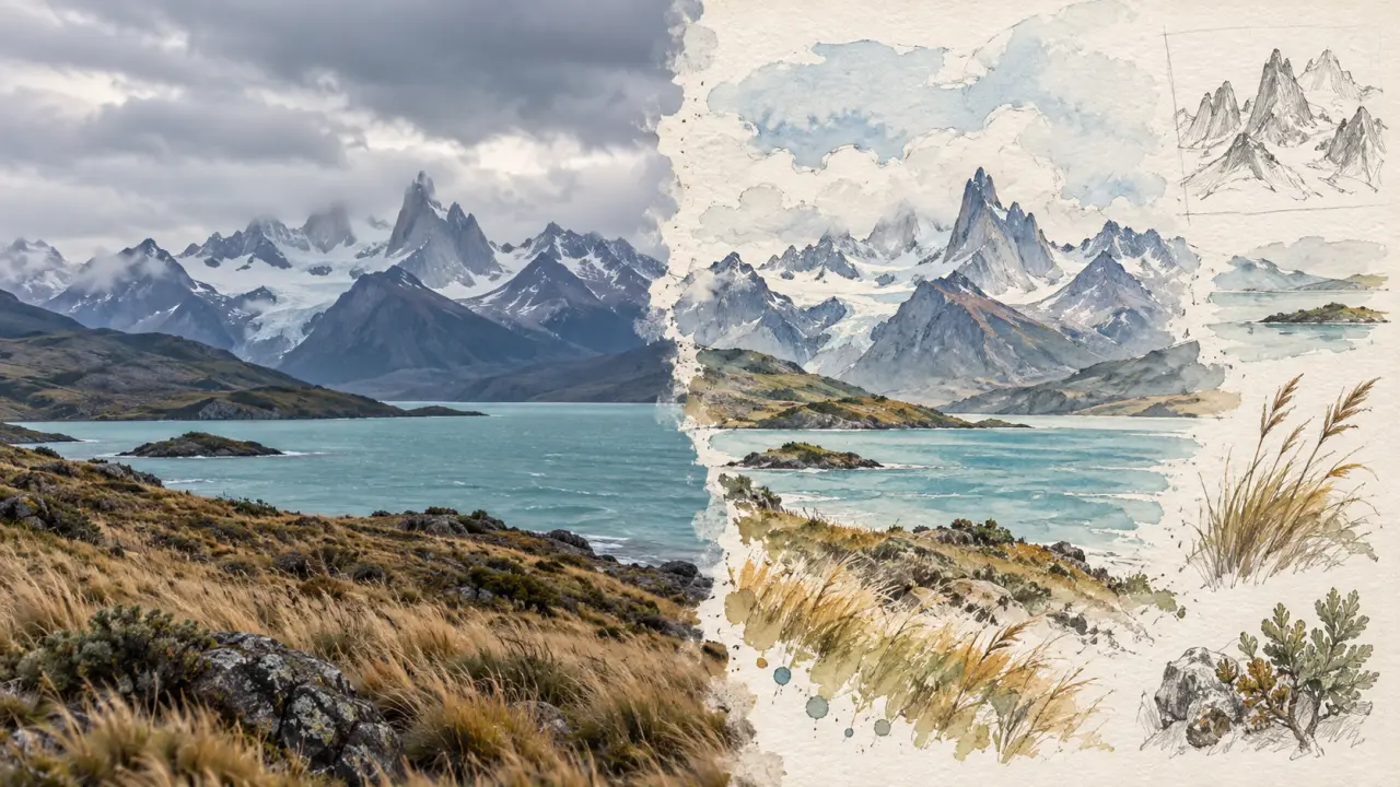 Carnet de voyage ouvert avec une photographie de Patagonie et des croquis de montagne